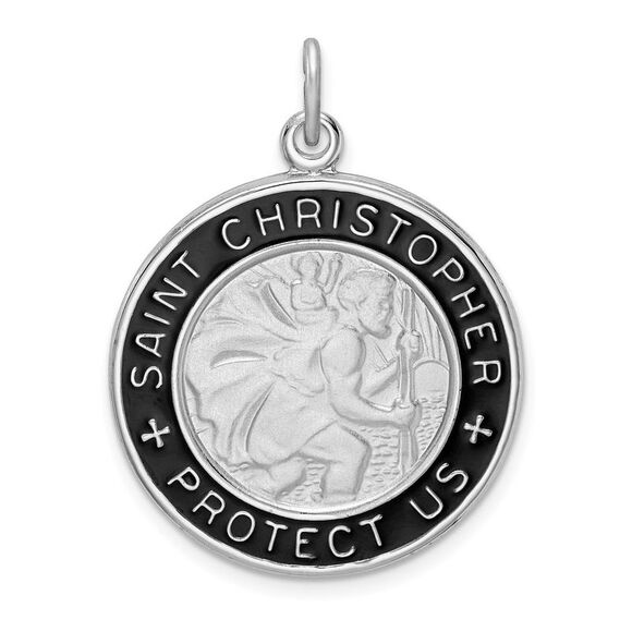 Sterling Silver Rhodium-Plated Blk Enamel St Christopher Pendant 24mm